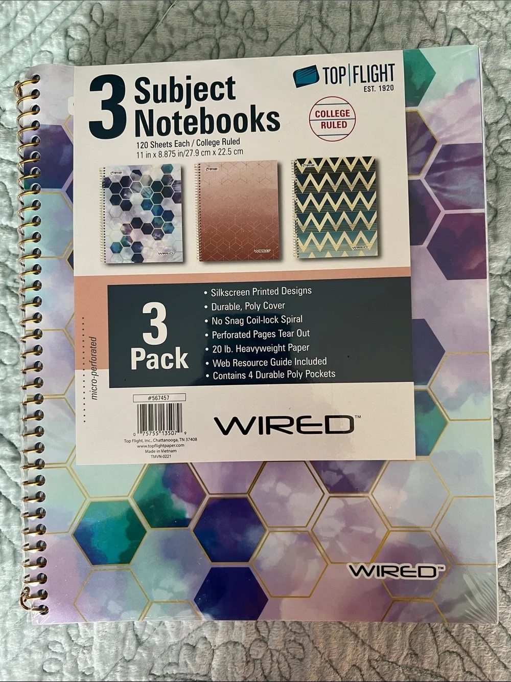 3-Subject Spiral Notebook - Purple/Teal Hex Design